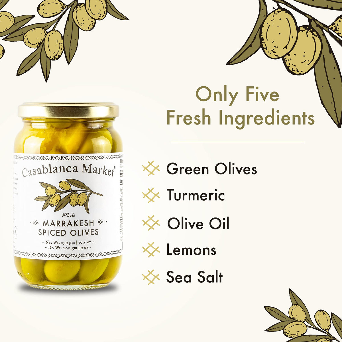 Closeup of Casablanca Market Marrakesh Spiced Olives highlights turmeric and lemon glaze for flavorful bites.