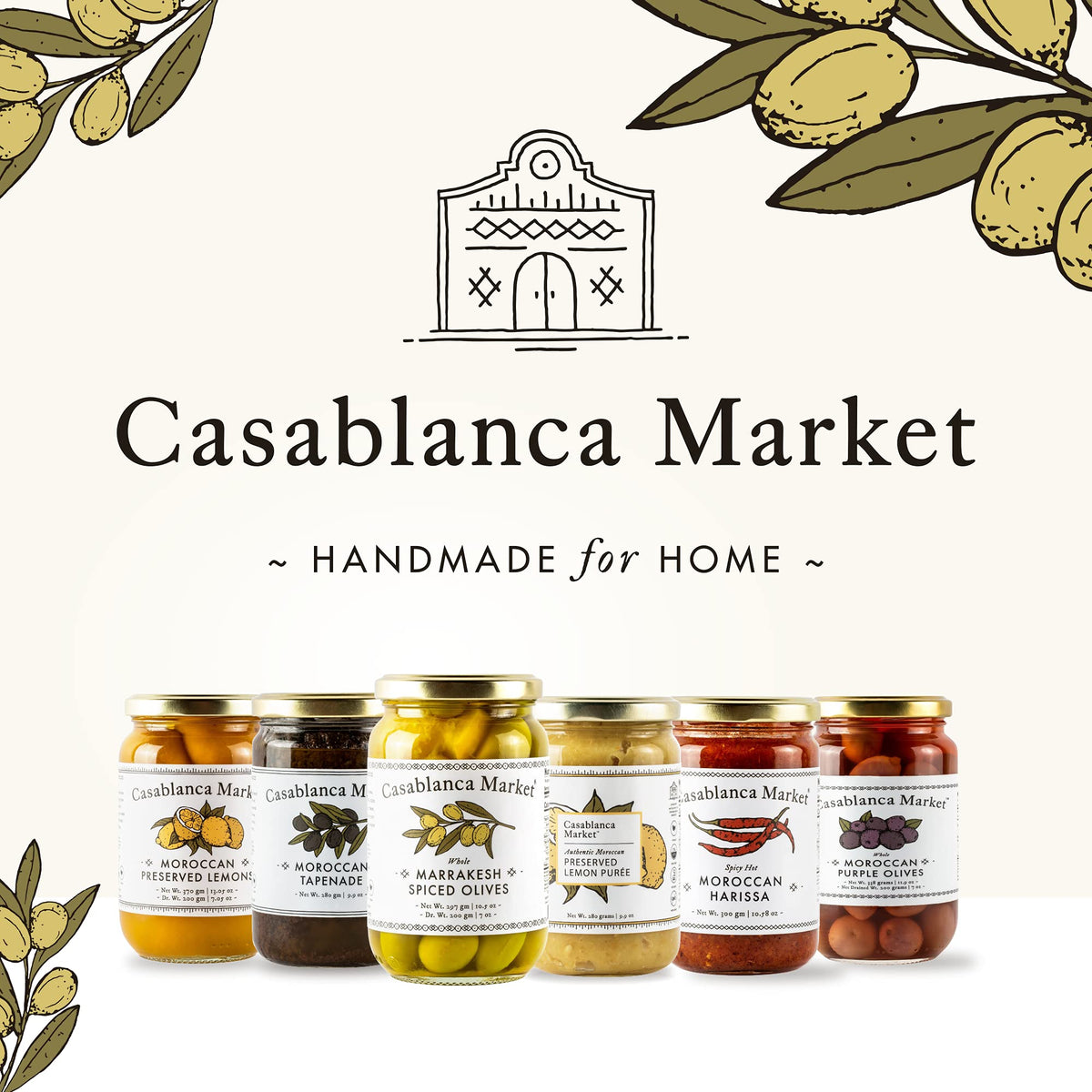 Gift-pack presentation of Casablanca Market Marrakesh Spiced Olives for gifting or entertaining.