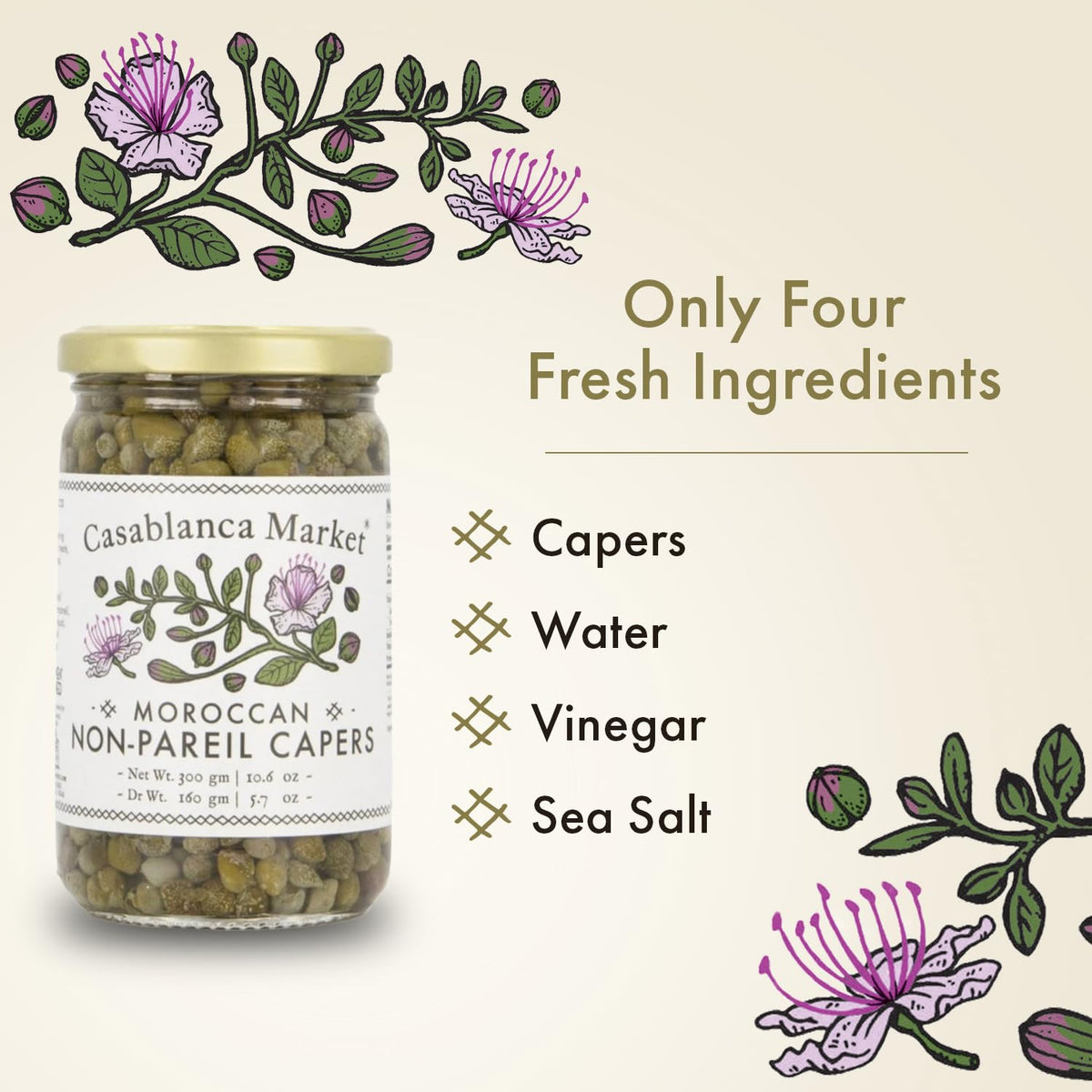 Casablanca Market Moroccan Capers Non Pareil buds close-up in brine reveal tiny, uniform texture.