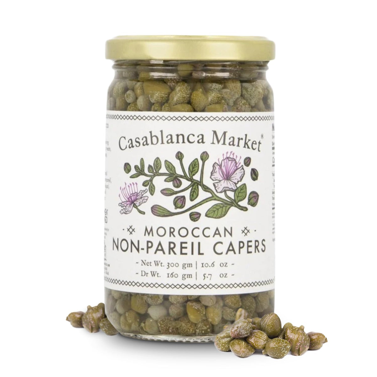 Casablanca Market Moroccan Capers Non Pareil jar front for bright tang in pasta sauces.