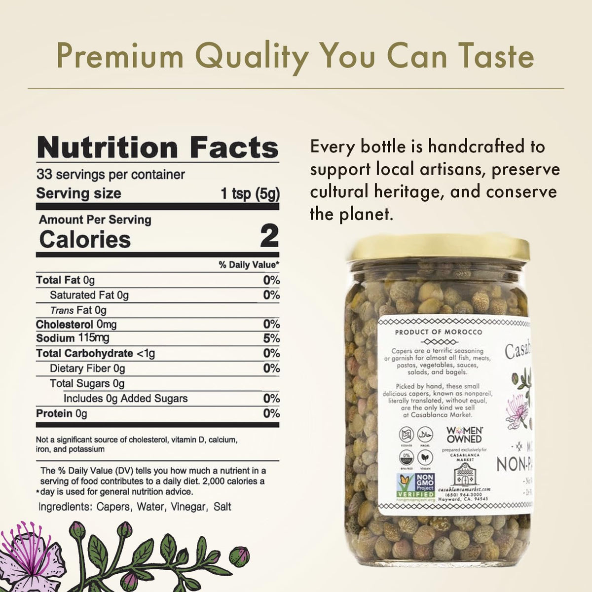 Casablanca Market Moroccan Capers Non Pareil jar pour setup highlights ready-to-use flavor boost.