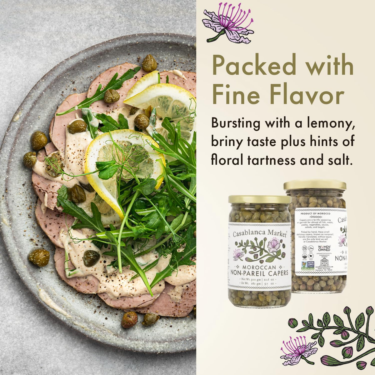 Casablanca Market Moroccan Capers Non Pareil with pork chops image suggests savory enhancement.