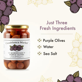 Casablanca Market Picholine Marocaine Purple Olives on a plate demonstrates elegant color transition.