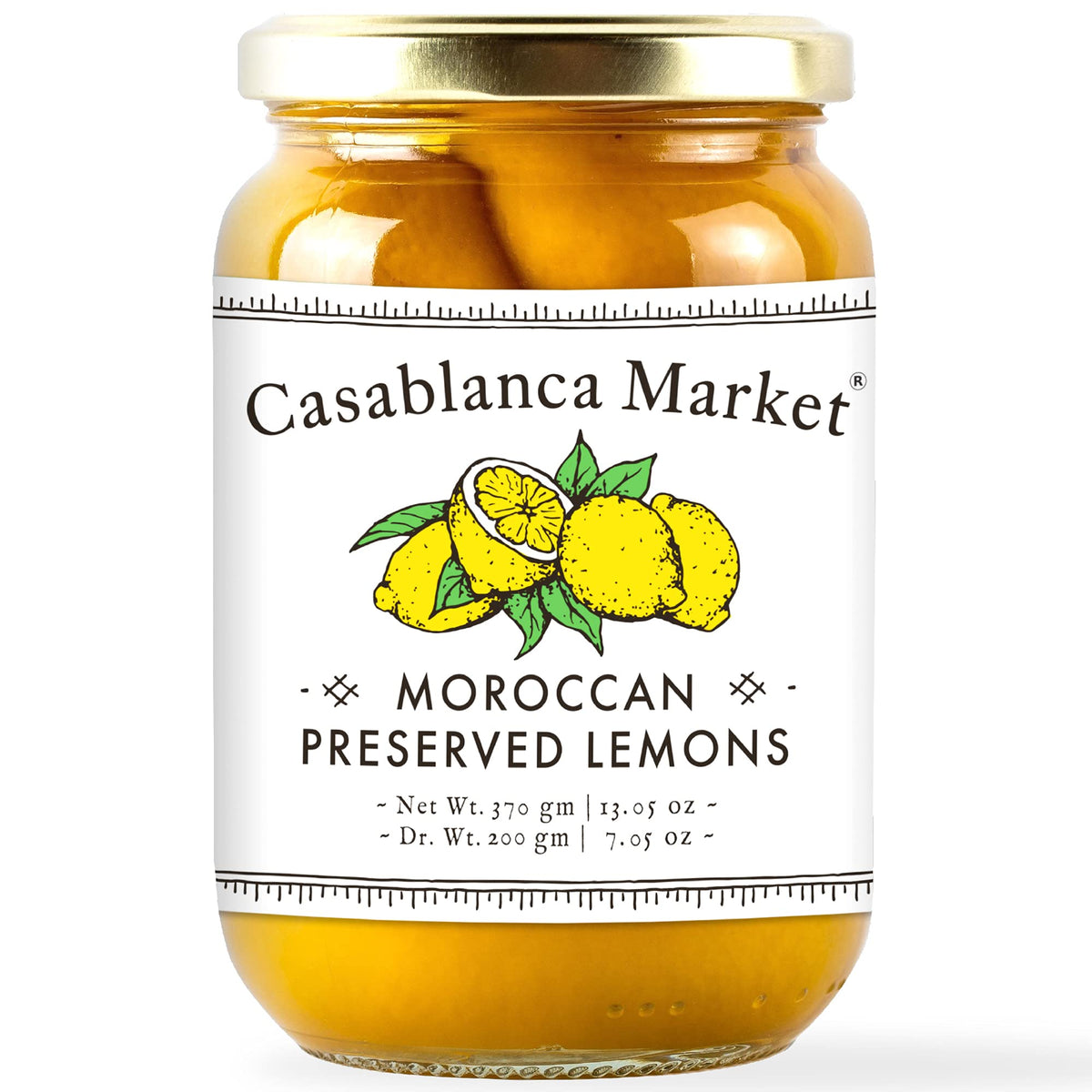 Casablanca Market preserved lemons jar close-up showing vibrant citrus for tagine flavor.