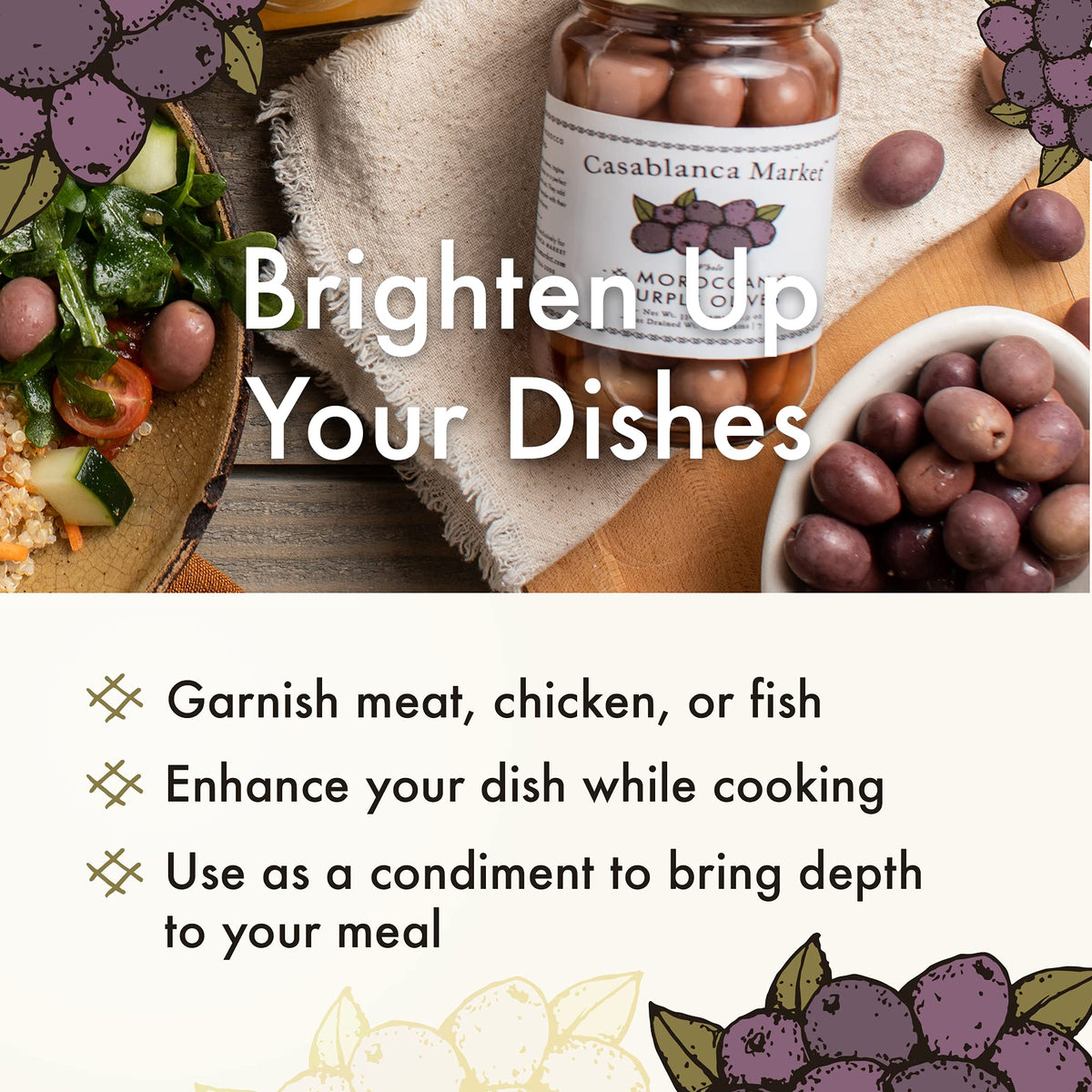 Casablanca Market Purple Olives three-ingredient cure closeup shows simple, pure flavors.