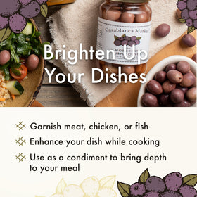 Casablanca Market Purple Olives three-ingredient cure closeup shows simple, pure flavors.