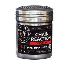 Casa M Chain Reaction Original bottle showcases bold, low-sodium flavor.