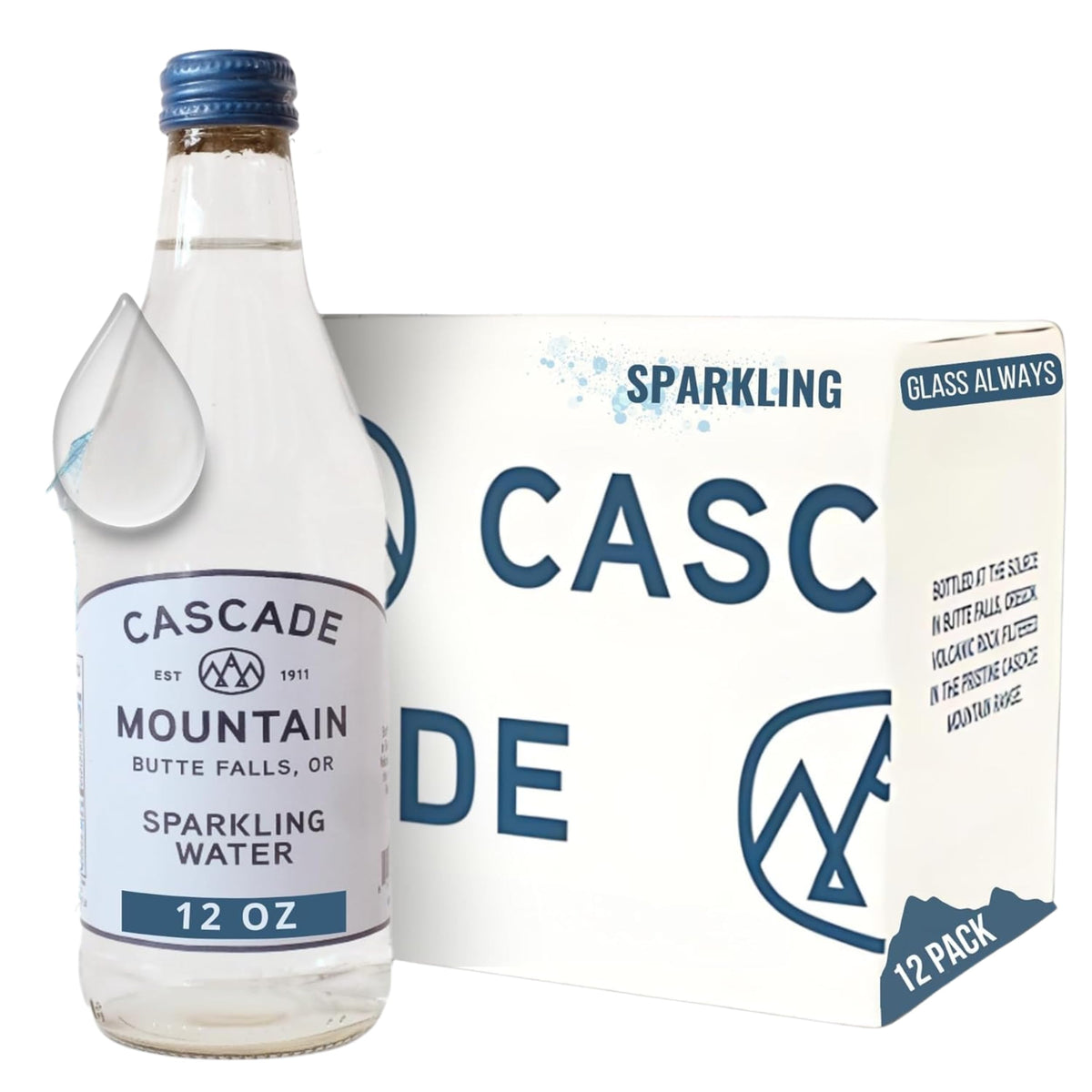 Cascade Mountain Sparkling Water in a glass bottle with a balanced mineral profile for refreshing hydration.