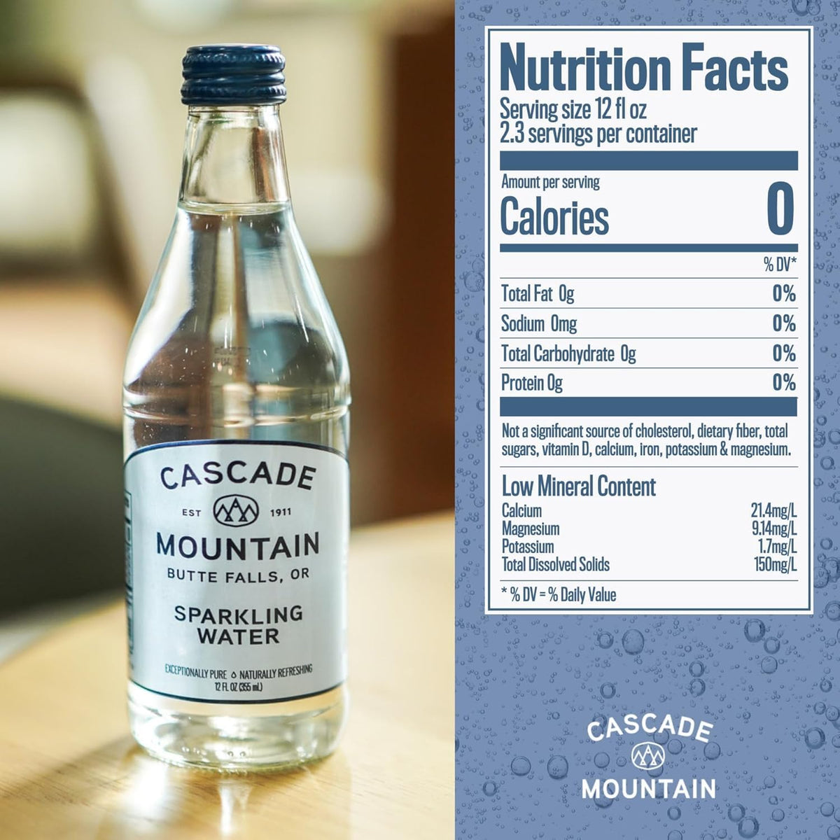 Cascade Mountain sparkling water being poured into a glass, delivering crisp taste and clean hydration.