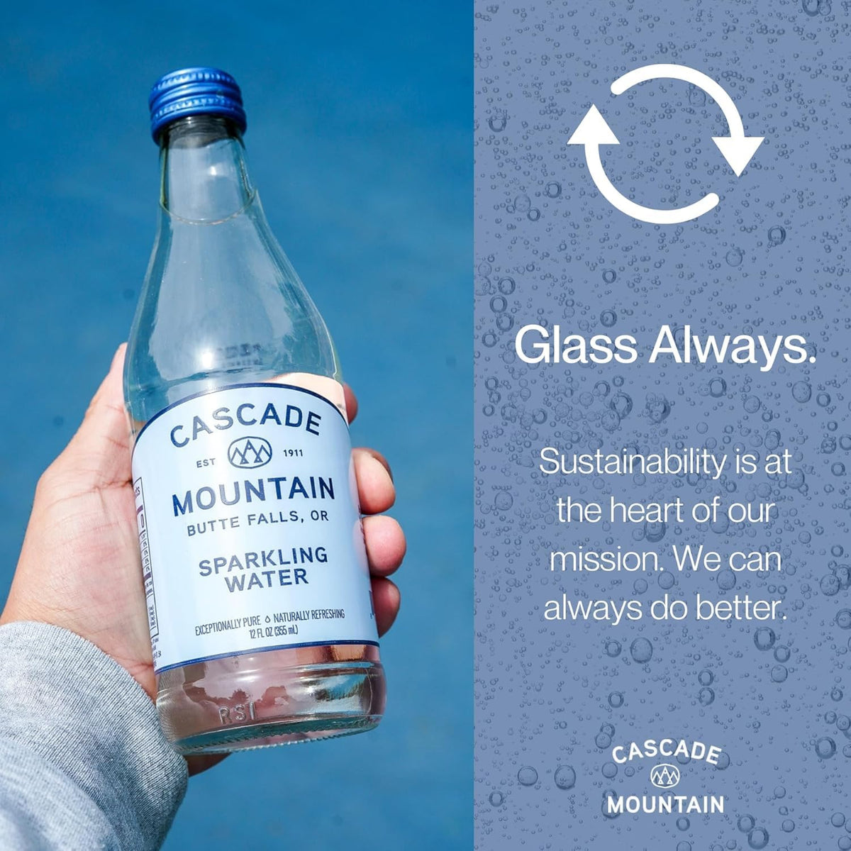 Cascade Mountain glass bottle beside a recycling symbol, highlighting eco-friendly packaging.