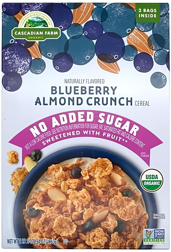 Cascadian Farm Blueberry Almond Crunch pack shot, no added sugar, naturally flavored cereal