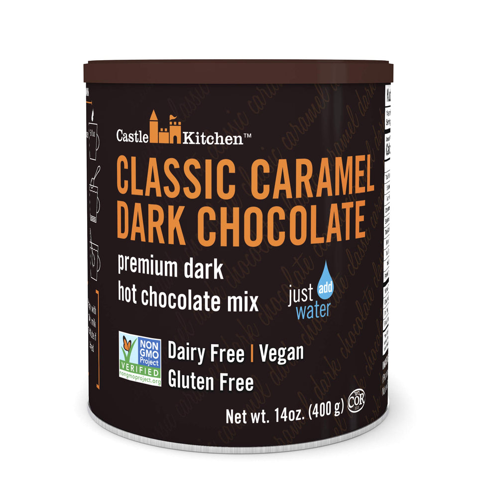 Castle Kitchen Classic Caramel Dark Chocolate hot cocoa tin, perfect for cozy evenings.