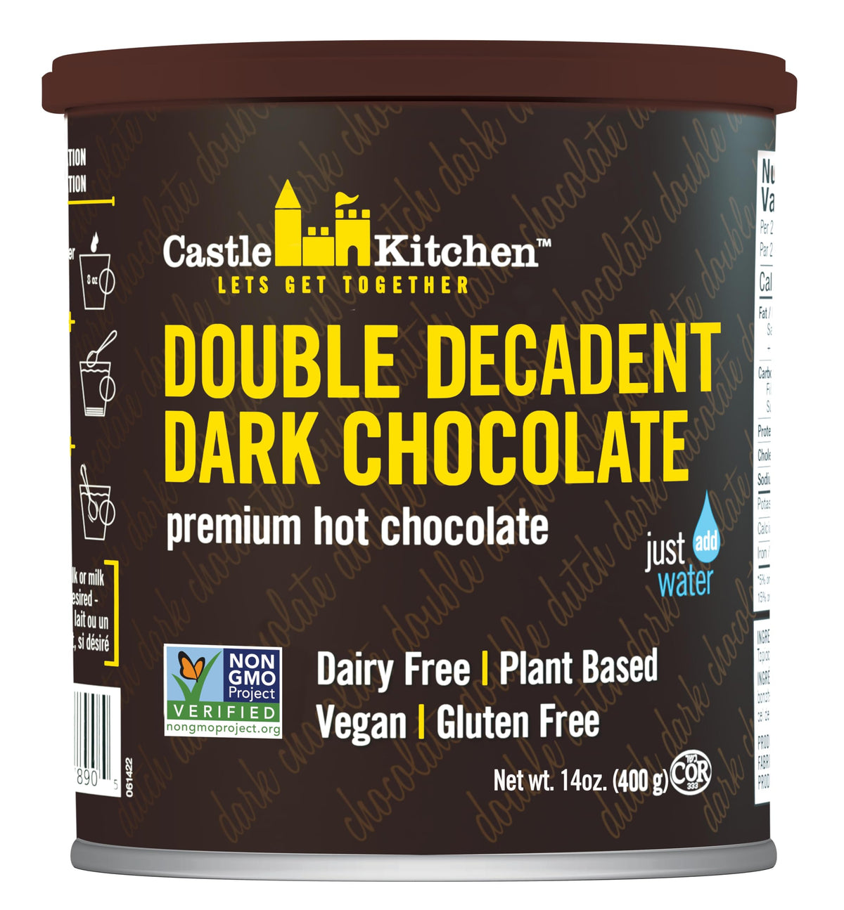 Castle Kitchen Double Decadent Dark Chocolate hot cocoa mix in a tin for dairy-free comfort