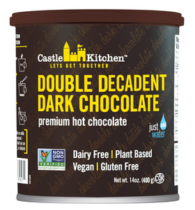 Castle Kitchen Double Decadent Dark Chocolate hot cocoa mix in a tin for dairy-free comfort