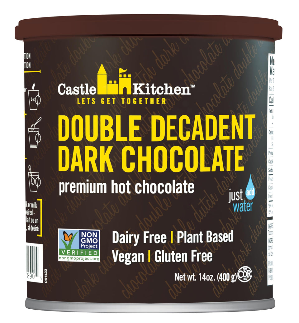 Castle Kitchen Double Decadent Dark Chocolate hot cocoa mix in a tin for dairy-free comfort