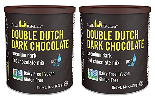 Castle Kitchen Double Decadent Dark Chocolate Hot Cocoa tins front, dairy-free indulgence.