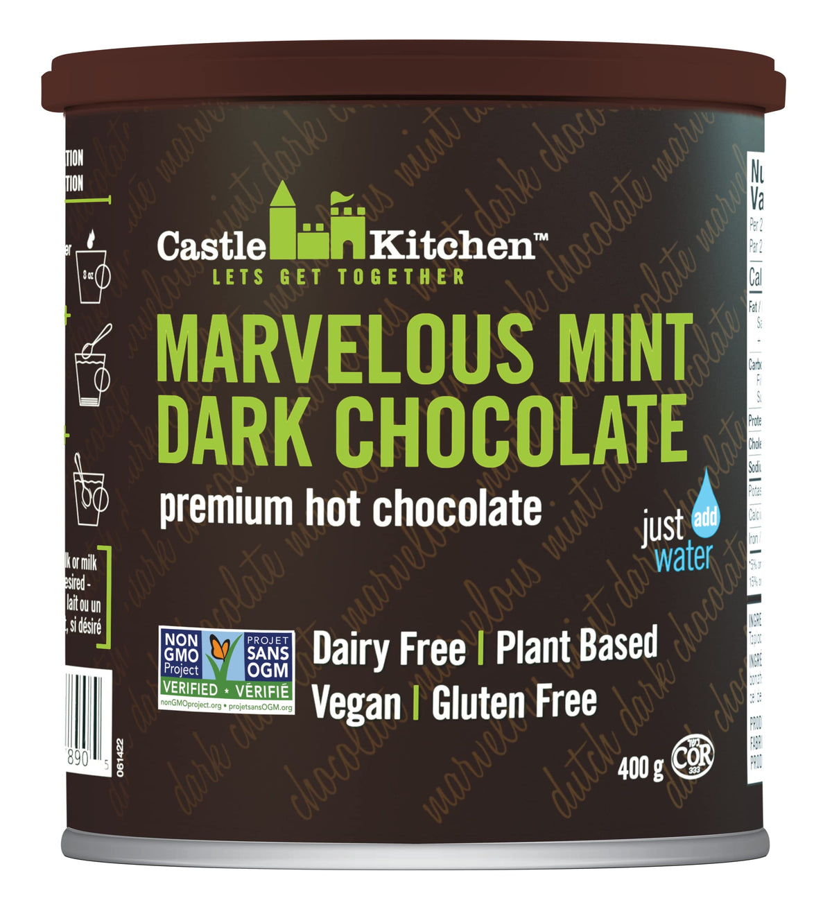 Castle Kitchen Marvelous Mint hot cocoa mix tin offering dairy-free, vegan indulgence for cozy, refreshing evenings
