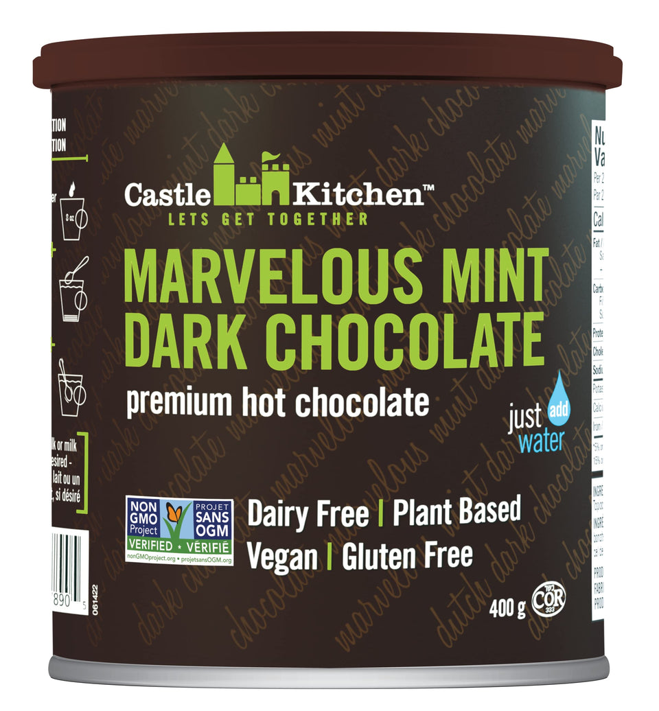 Castle Kitchen Marvelous Mint hot cocoa mix tin offering dairy-free, vegan indulgence for cozy, refreshing evenings