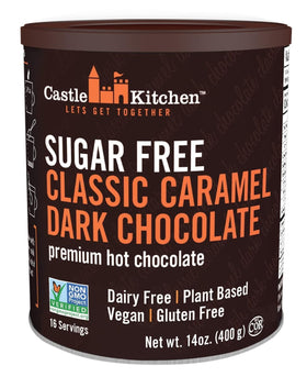 Castle Kitchen sugar-free caramel dark hot cocoa can, keto-friendly indulgence ready for cozy evenings.