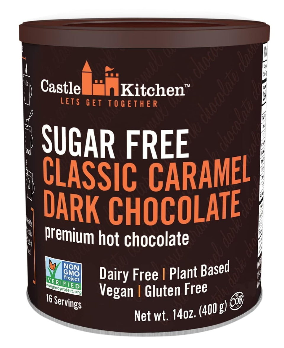 Castle Kitchen sugar-free caramel dark hot cocoa can, keto-friendly indulgence ready for cozy evenings.