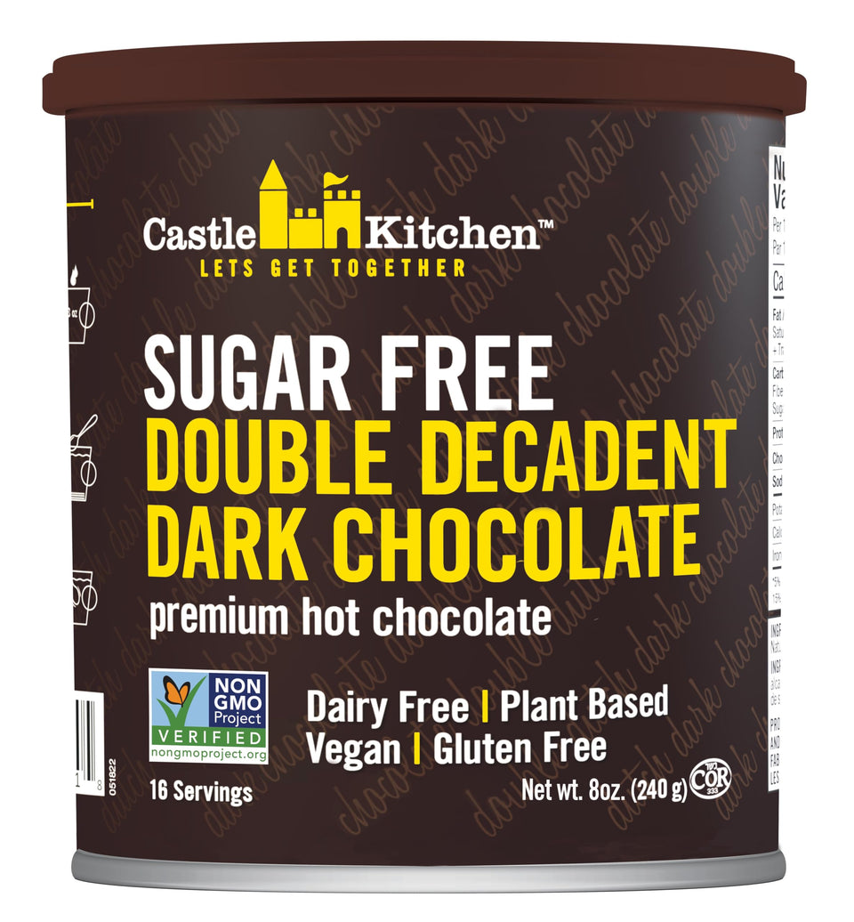 Castle Kitchen sugar-free double decadent dark hot chocolate jar for guilt-free indulgence.