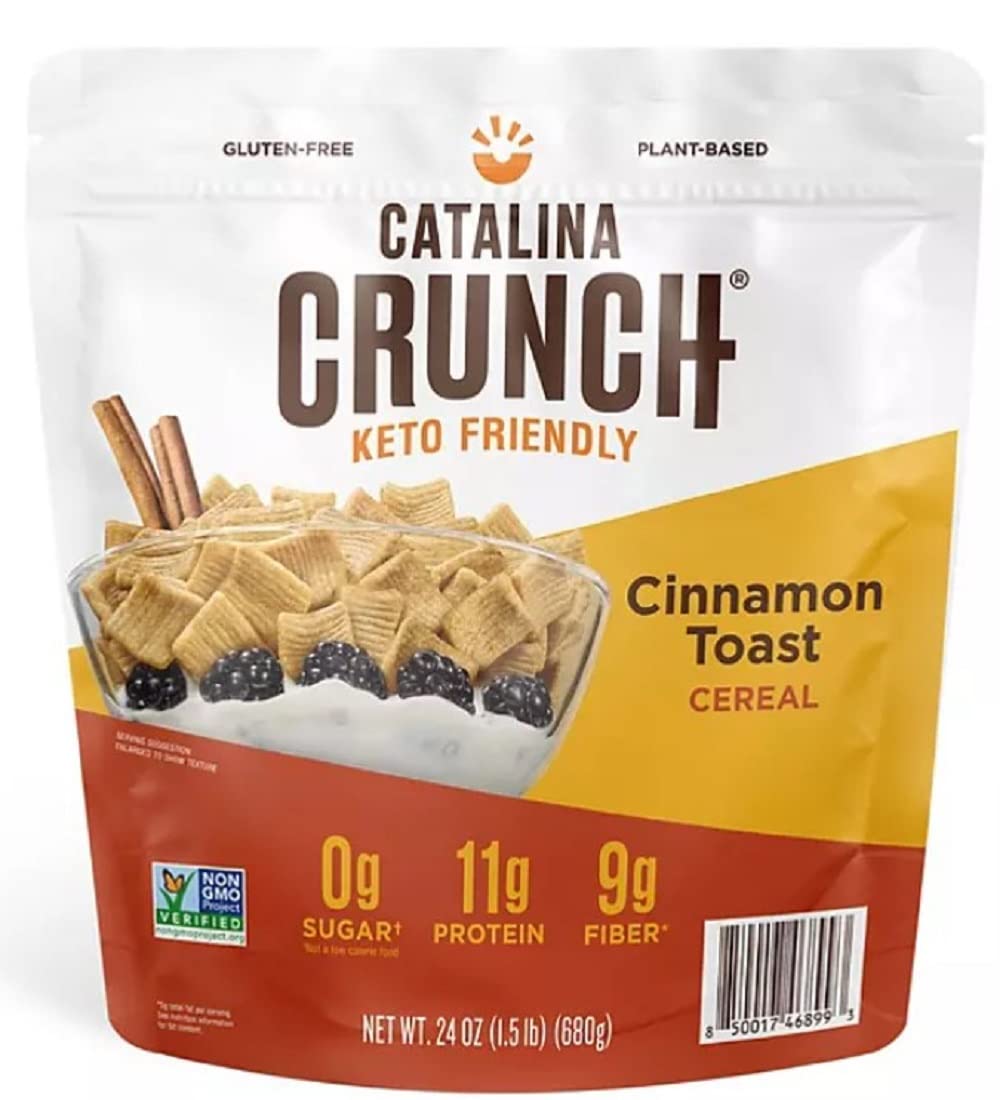 Catalina Crunch Cinnamon Toast cereal box—keto-friendly breakfast option.