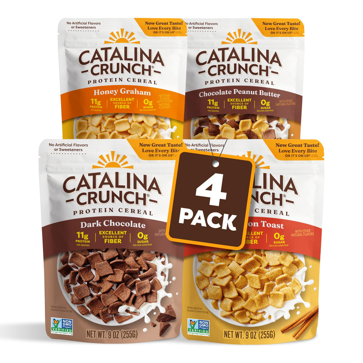 Catalina Crunch Protein Cereal bowl with milk showing 11g protein per serving for a satisfying start.
