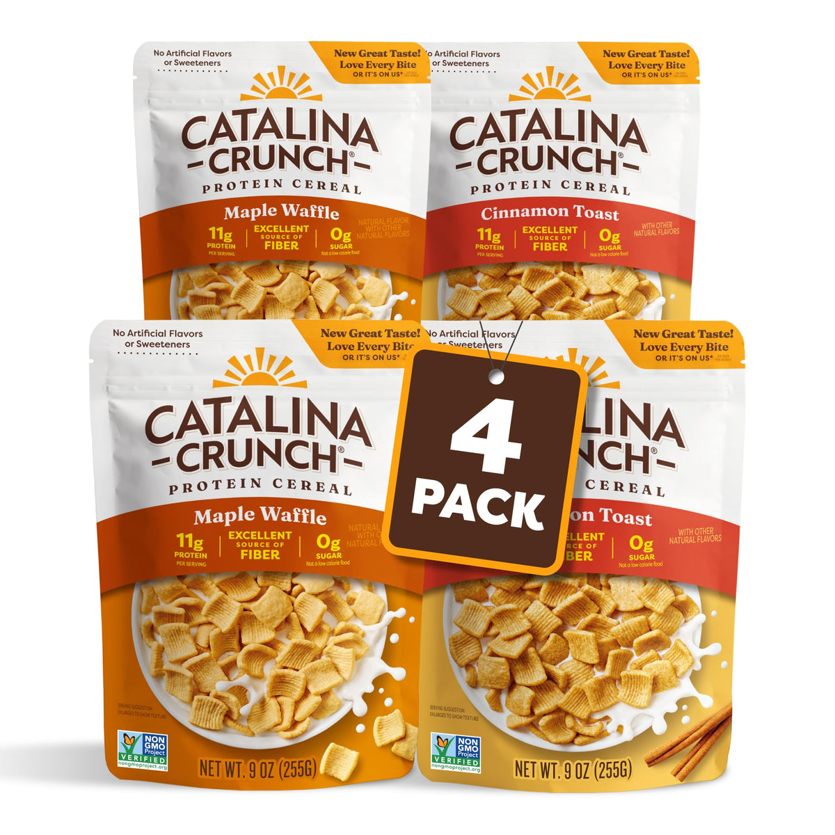 Catalina Crunch protein cereal packaging shows a variety pack for breakfast options.