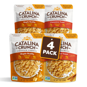 Catalina Crunch protein cereal packaging shows a variety pack for breakfast options.
