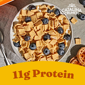 Catalina Crunch protein cereal served in a bowl highlights crunchy texture and protein boost.