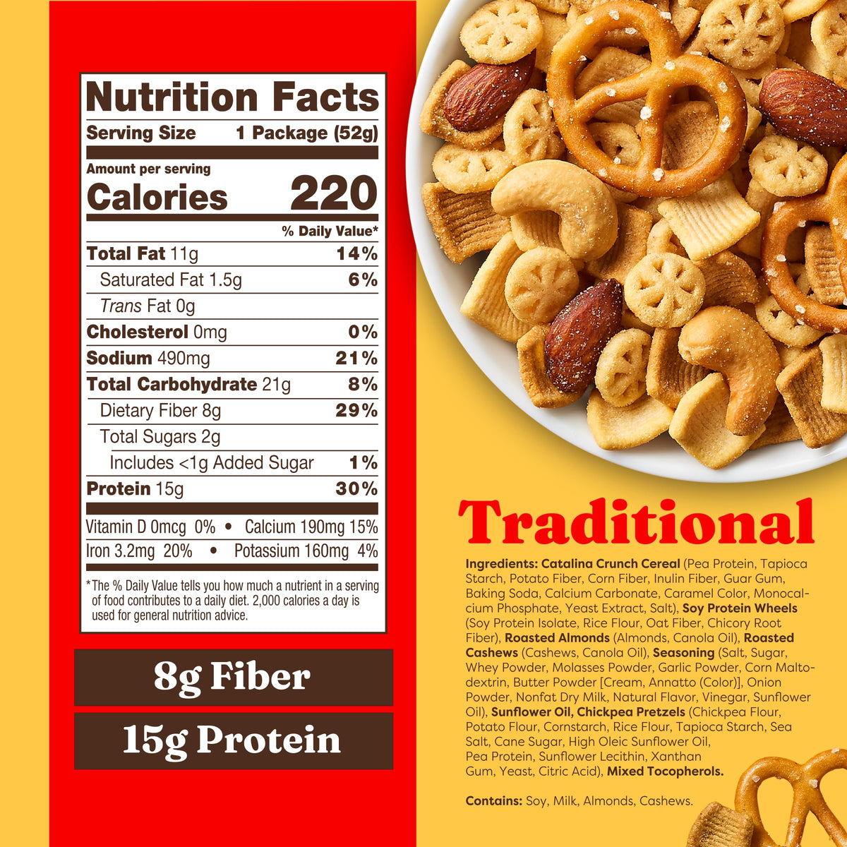 Catalina Crunch snack mix with almonds, cashews, chickpea pretzels offers savory texture.