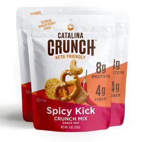 Catalina Crunch Spicy Kick Mix 3-pack on shelf, keto-friendly snack option.