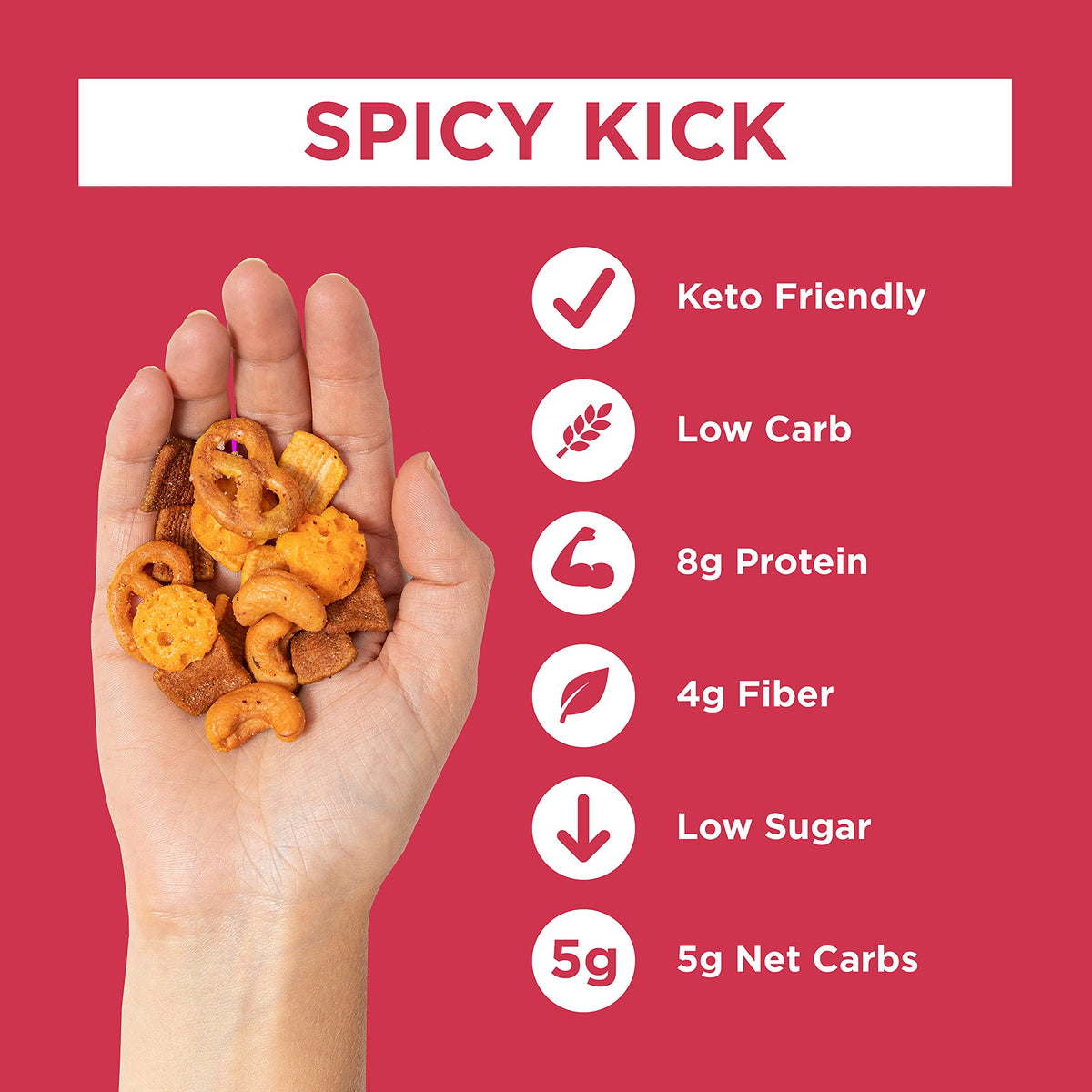 Catalina Crunch Spicy Kick Mix bags close-up, protein-packed texture.