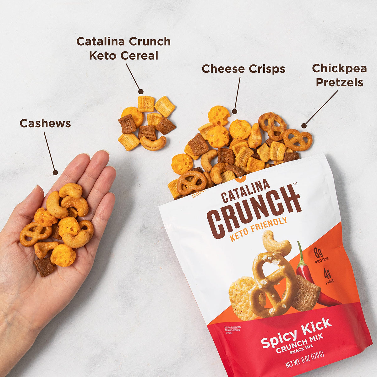 Catalina Crunch Spicy Kick Mix ingredients close-up: keto cereal, pretzels, cashews.