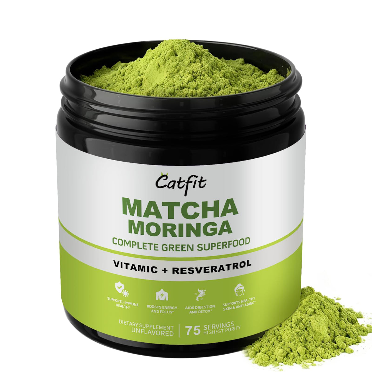 Catfit Matcha Powder Bottle shows a clean vegan energy blend for sustained focus.