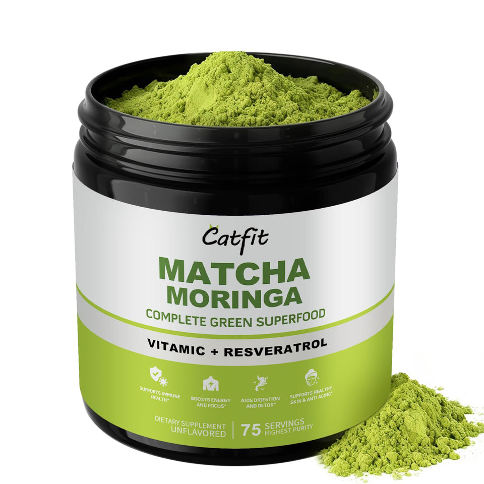 Catfit Matcha Powder Bottle shows a clean vegan energy blend for sustained focus.