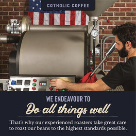 Aroma steam rises from a Padre Pio cup, inviting a comforting brew.