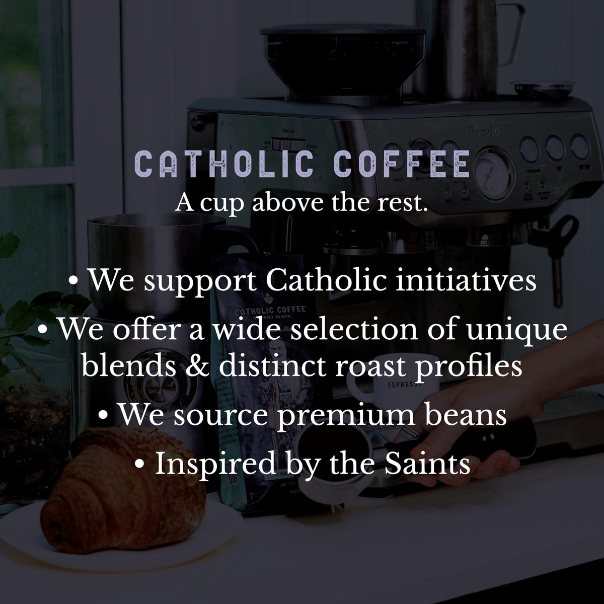French press setup shows Padre Pio ground coffee ready to savor.