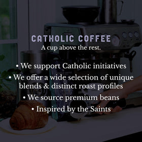 French press setup shows Padre Pio ground coffee ready to savor.
