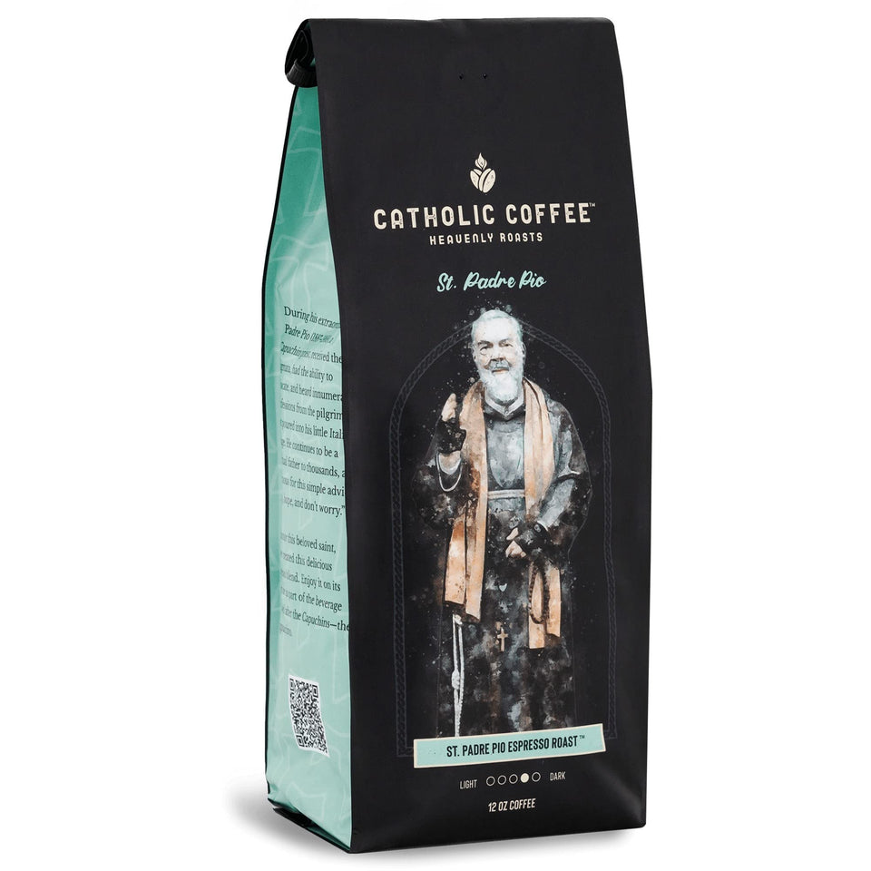 Catholic Coffee Padre Pio ground coffee bag with label, ideal devotion gift.