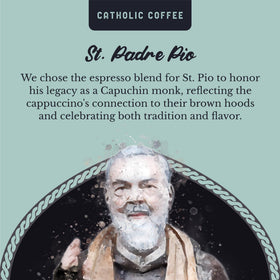 Padre Pio packaging label close-up highlighting gift-ready branding.