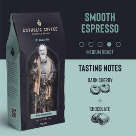 Gift sleeve packaging for Padre Pio coffee emphasizes festive presentation.