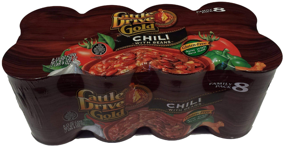 Cattle Drive Gold Beef Chili with Beans can, ready-to-heat meal for busy days.