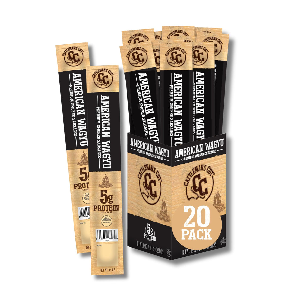 Cattleman's Cut American Wagyu beef sticks front view, protein-packed on-the-go snack.