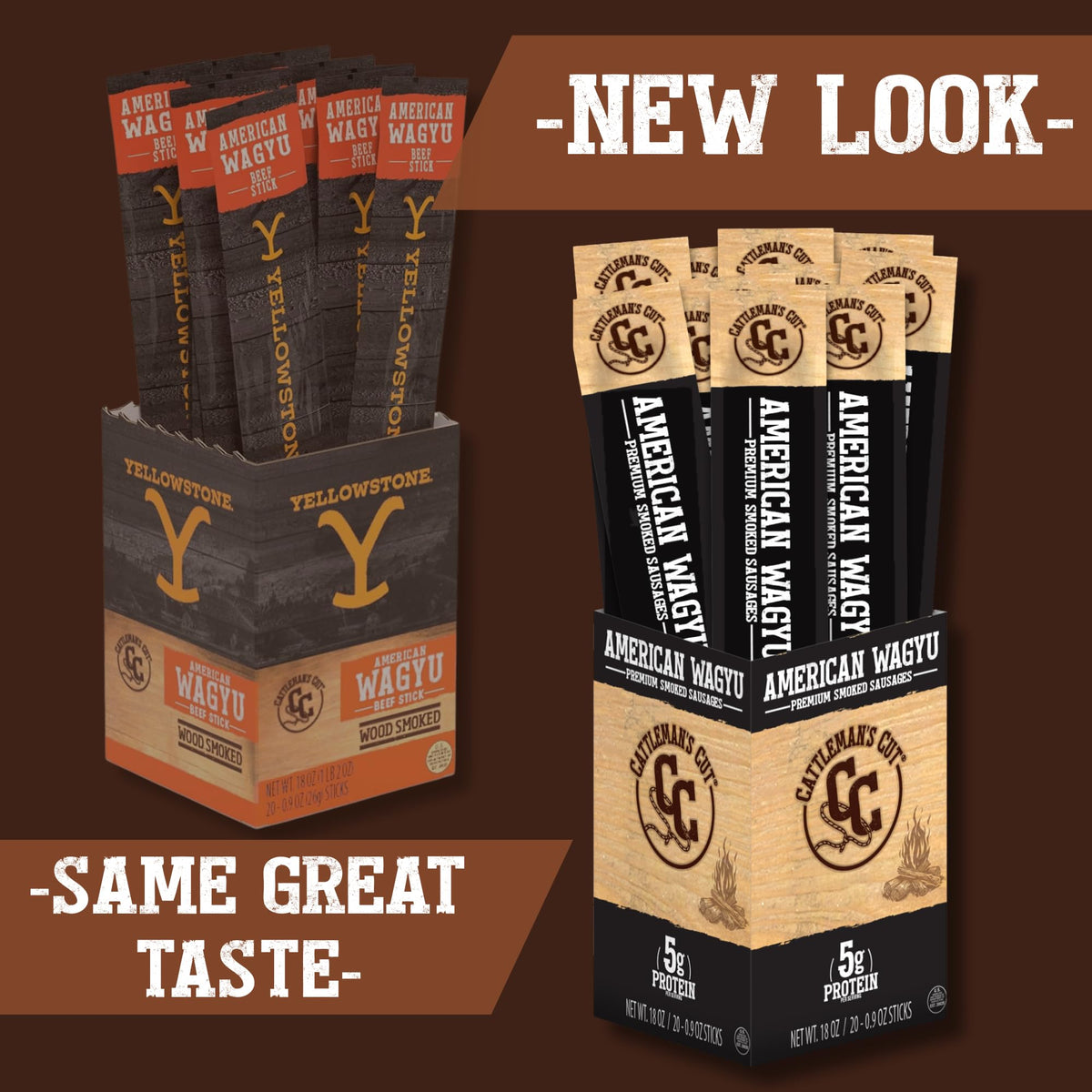 Cattleman's Cut Wagyu beef sticks in a 20-pack, bulk protein snack for travel.