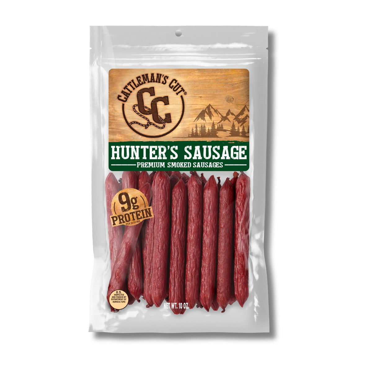 Cattleman's Cut Hunter's Sausages Stick in pack highlighting portability and protein