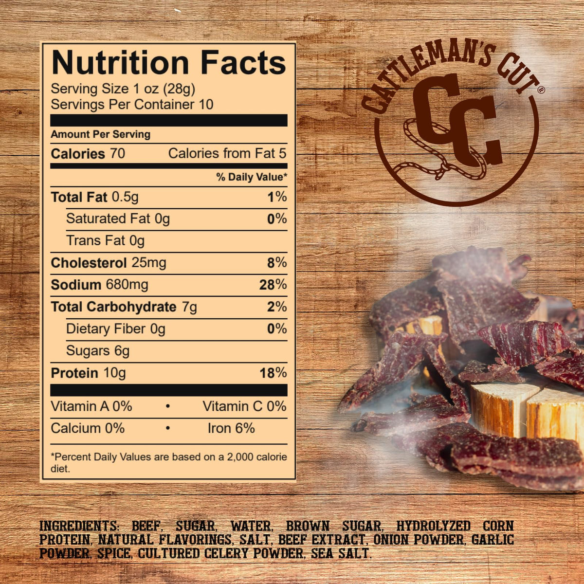 Cattleman's Cut Original Beef Jerky high-protein snack in a portable 10-ounce pouch.