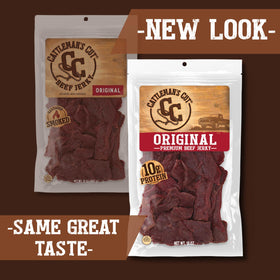 Cattleman's Cut Original Beef Jerky marinated batch close-up reveals rich seasoning.