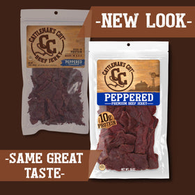 CATTLEMAN'S CUT Jerky close-up reveals pepper specks and glossy marinated coating