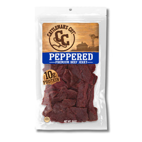 CATTLEMAN'S CUT Peppered Beef Jerky pack shot shows resealable bag for on-the-go protein